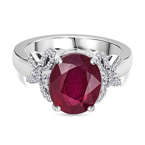 African Ruby & Moissanite Ring in Rhodium Overlay Sterling Silver 6.01 Ct.