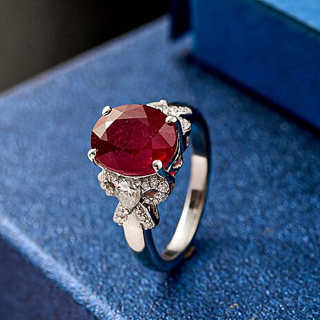 African Ruby & Moissanite Ring in Rhodium Overlay Sterling Silver 6.01 Ct.