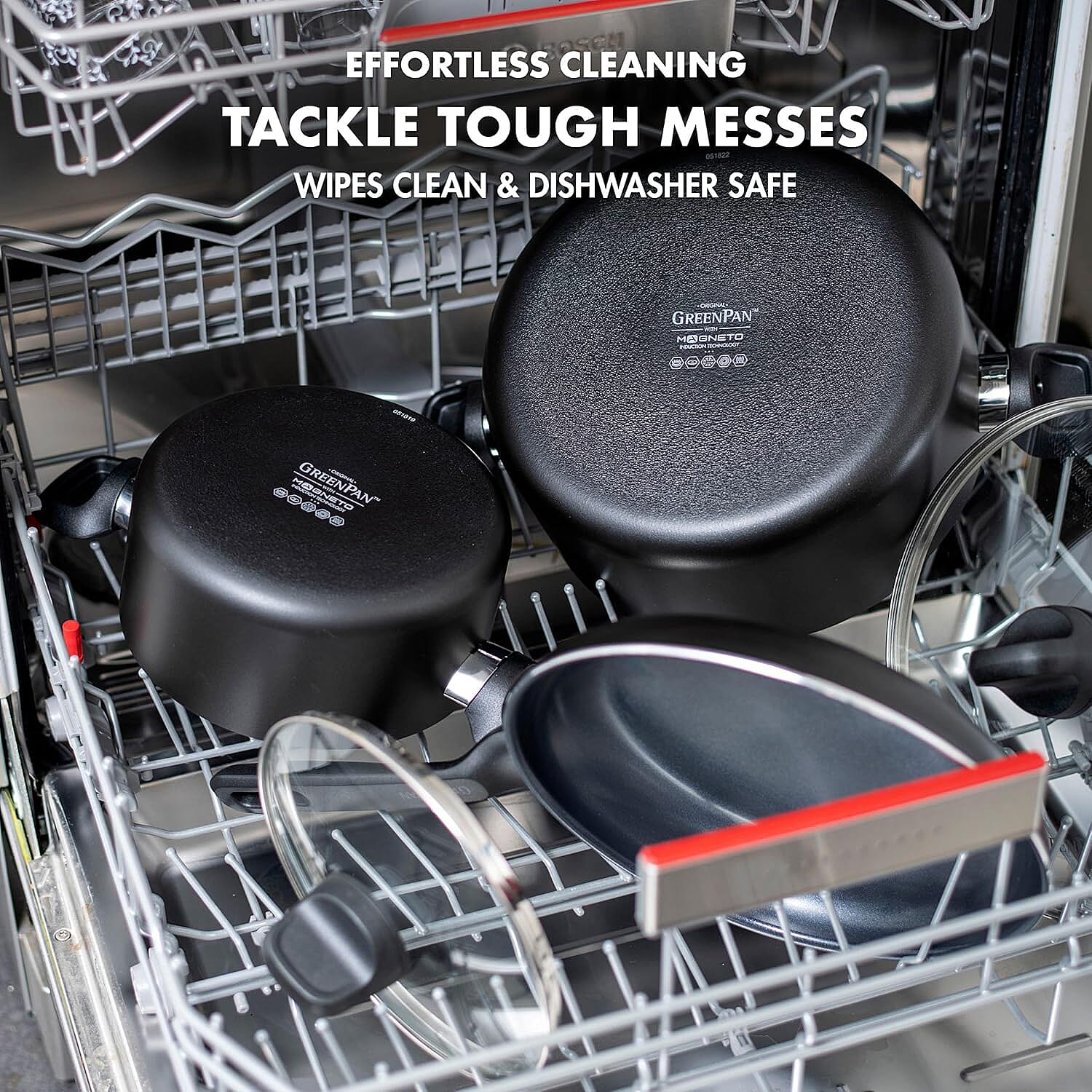 GreenPan Memphis Healthy Ceramic Non-Stick 16 cm, 18 cm and 20 cm Saucepan Set with Lids, PFAS Free, Induction,Oven Safe, Black