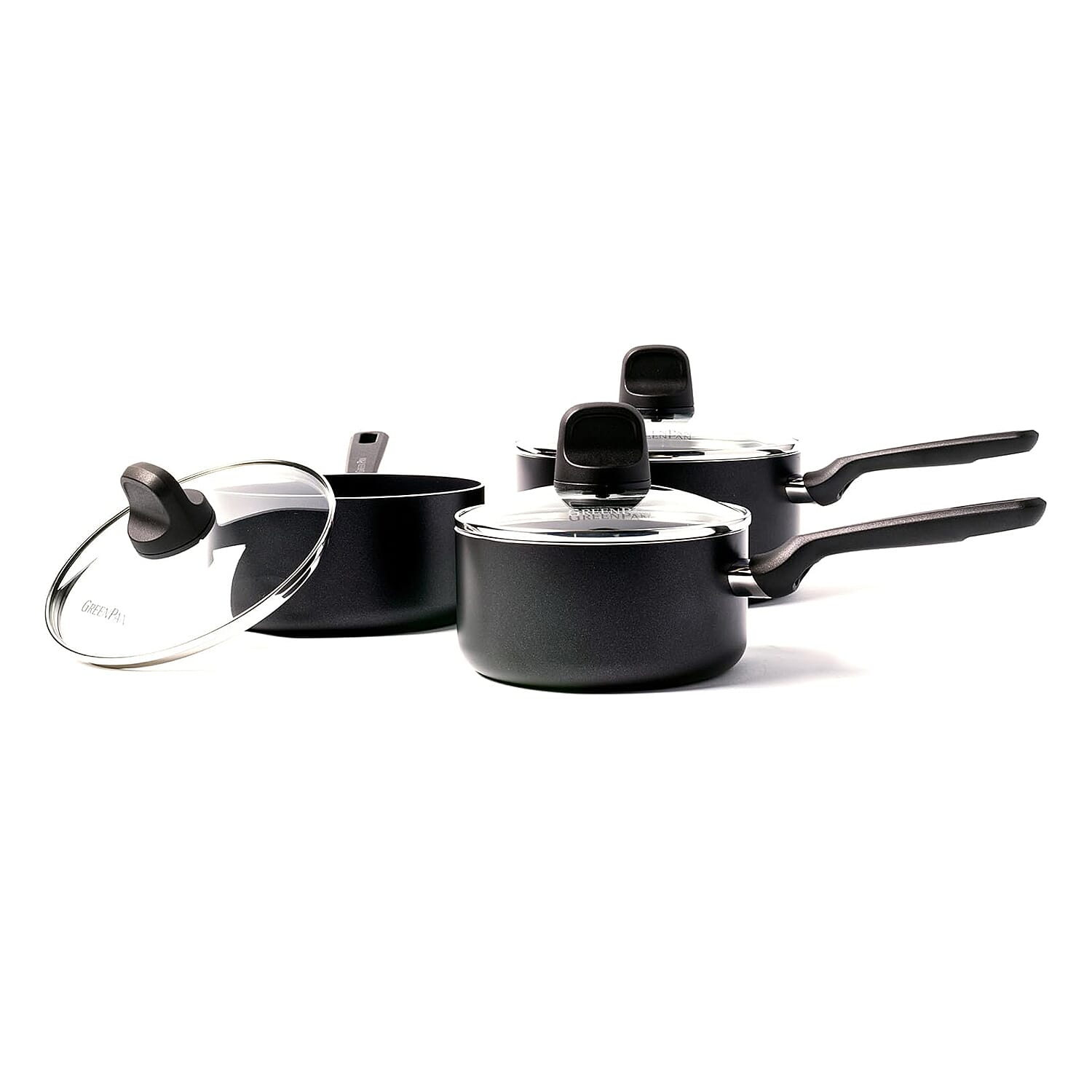 GreenPan Memphis Healthy Ceramic Non-Stick 16 cm, 18 cm and 20 cm Saucepan Set with Lids, PFAS Free, Induction,Oven Safe, Black
