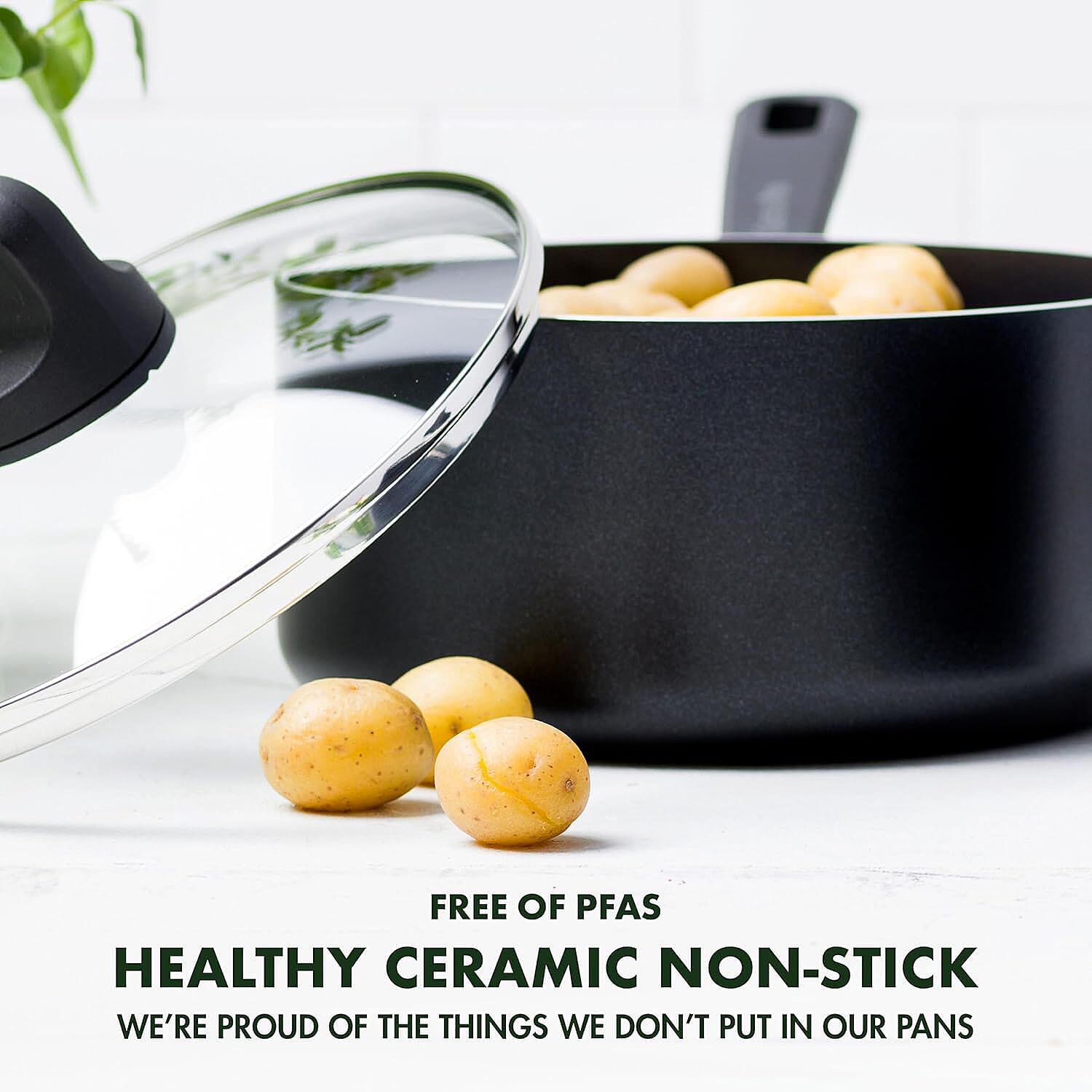 GreenPan Memphis Healthy Ceramic Non-Stick 16 cm, 18 cm and 20 cm Saucepan Set with Lids, PFAS Free, Induction,Oven Safe, Black