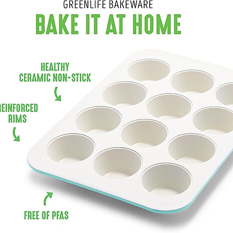 GreenLife Bakeware Healthy Ceramic Nonstick, 12 Cup Muffin and Cupcake Baking Pan - Light Blue