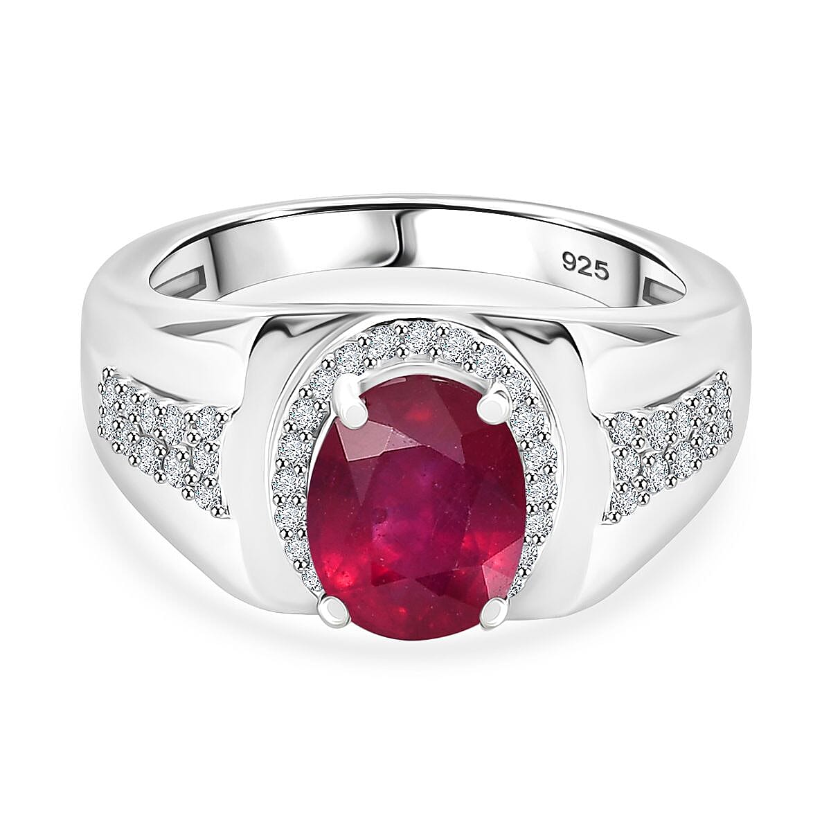 African Ruby & Moissanite Ring in Rhodium Overlay Sterling Silver 3.20 Ct, Silver Wt. 5.40 Gms.