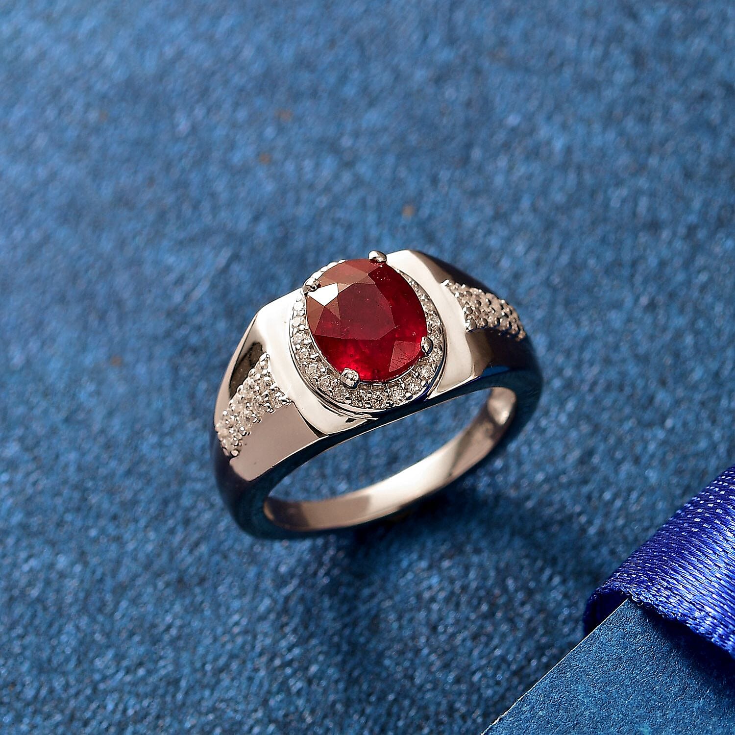African Ruby & Moissanite Ring in Rhodium Overlay Sterling Silver 3.20 Ct, Silver Wt. 5.40 Gms.