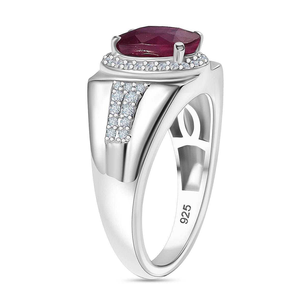 African Ruby & Moissanite Ring in Rhodium Overlay Sterling Silver 3.20 Ct, Silver Wt. 5.40 Gms.