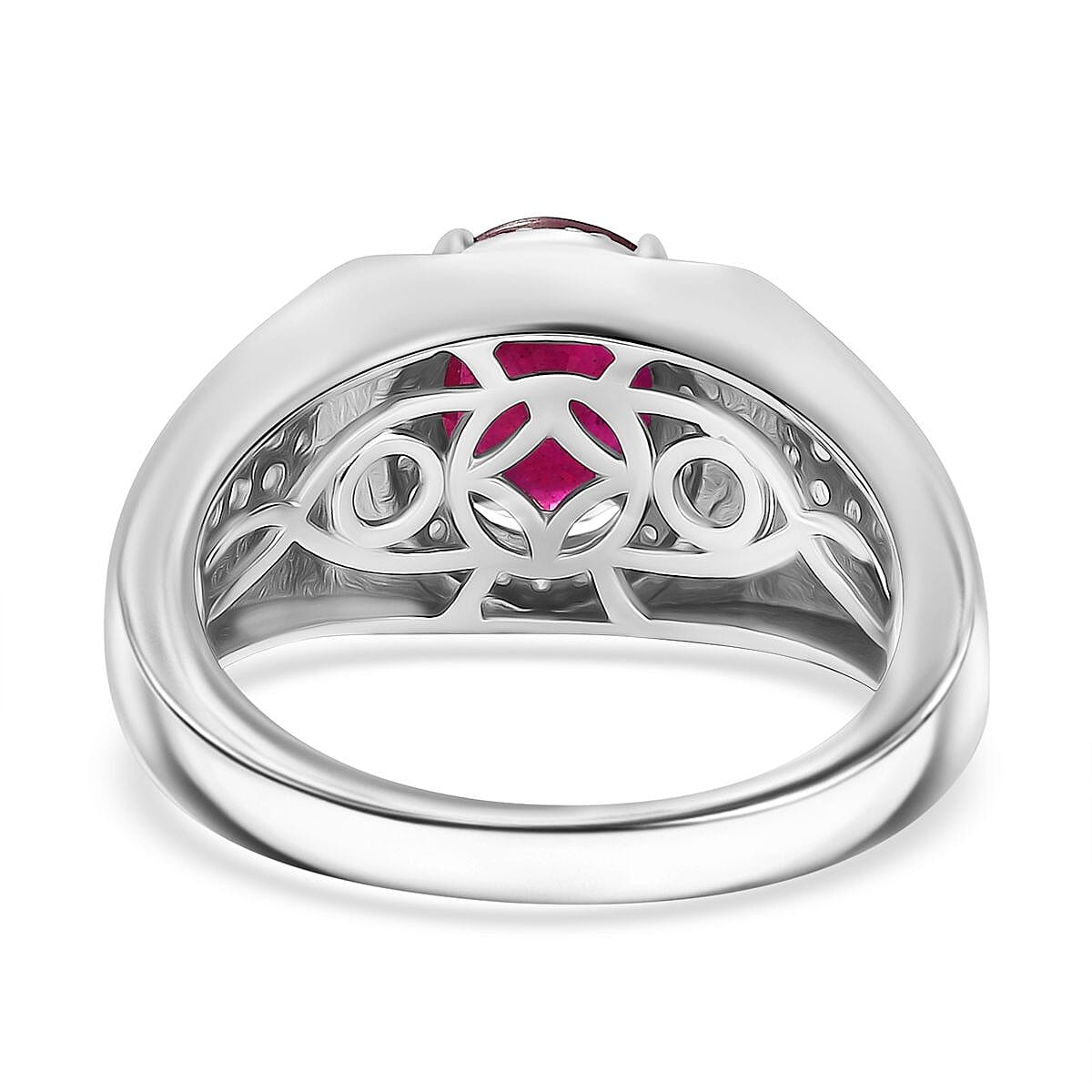 African Ruby & Moissanite Ring in Rhodium Overlay Sterling Silver 3.20 Ct, Silver Wt. 5.40 Gms.