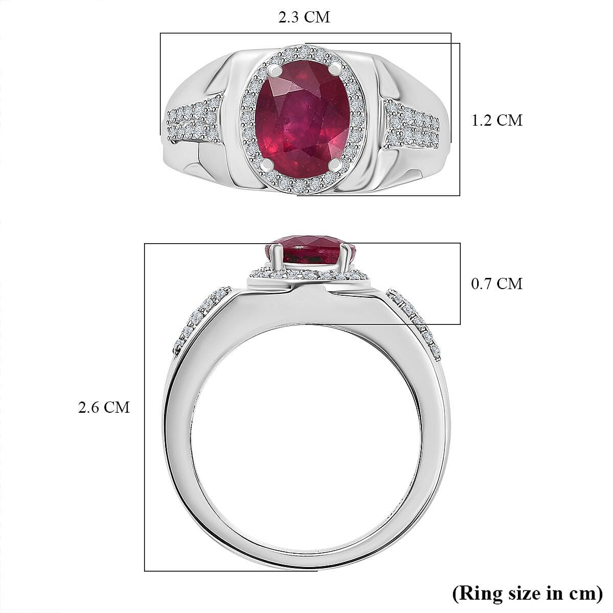 African Ruby & Moissanite Ring in Rhodium Overlay Sterling Silver 3.20 Ct, Silver Wt. 5.40 Gms.