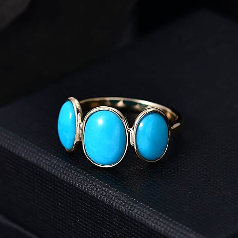 Tucson Find - 9K Yellow Gold AAA Arizona Sleeping Beauty Turquoise Trilogy Ring 4.10 Ct.