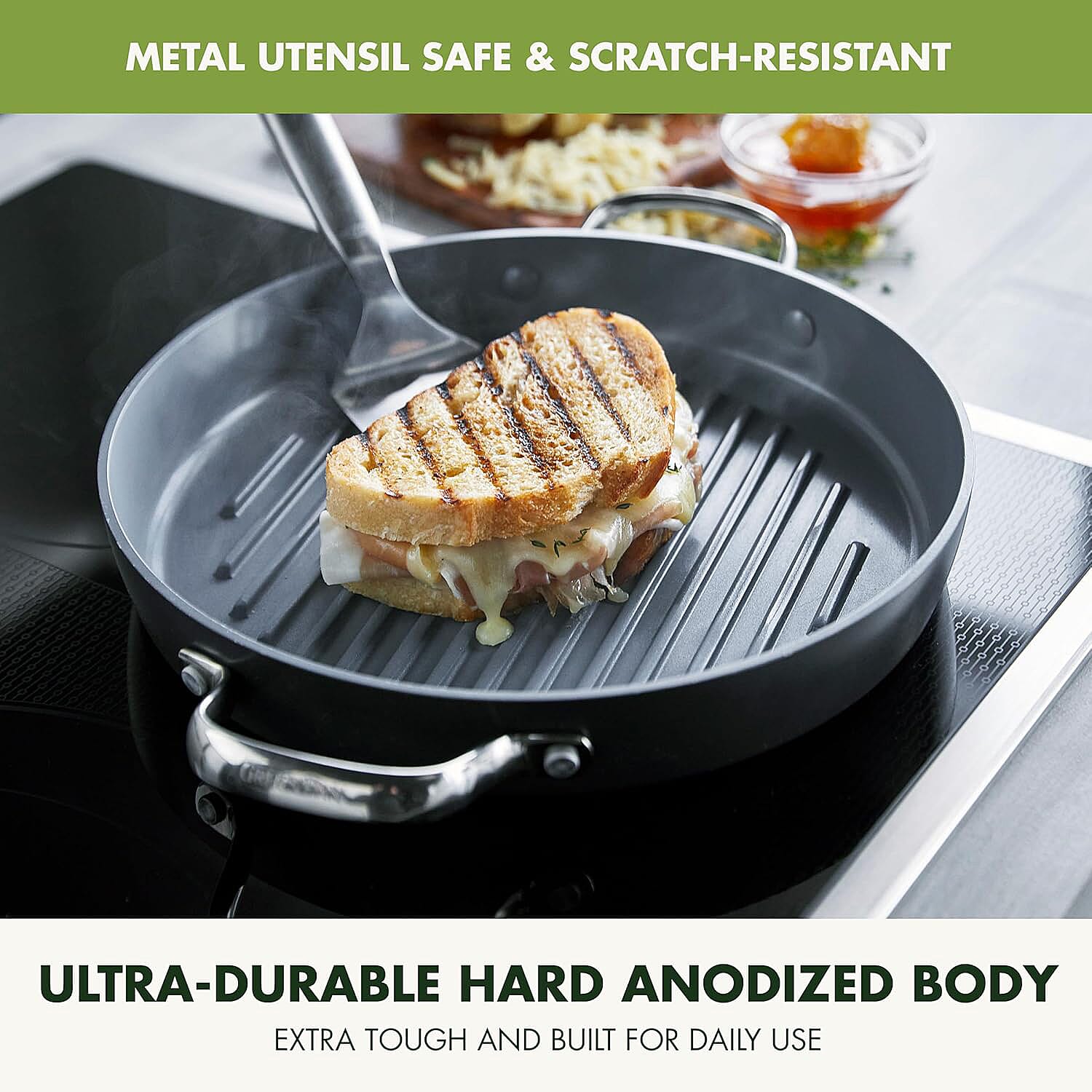 Grill Pan and Griddle 28cm - Non Stick, Utensil Safe, 1L Capacity - Induction Safe - Grey