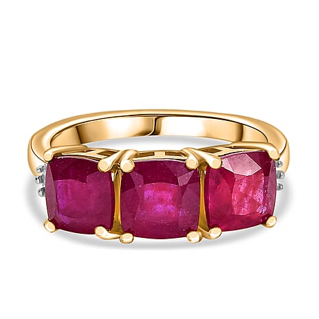 African Ruby & White Diamond Trilogy Ring in 18K Vermeil Yellow Gold Plated Sterling Silver 4.77 Ct.