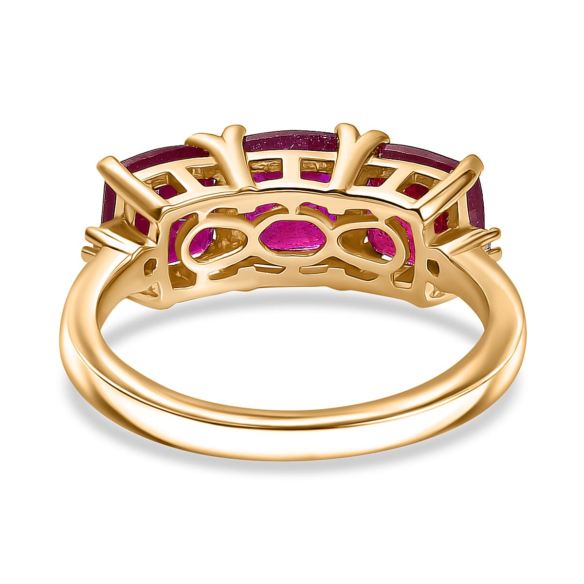 African Ruby & White Diamond Trilogy Ring in 18K Vermeil Yellow Gold Plated Sterling Silver 4.77 Ct. African Ruby & White Diamond Trilogy Ring in 18K Vermeil Yellow Gold Plated Sterling Silver 4.77 Ct.