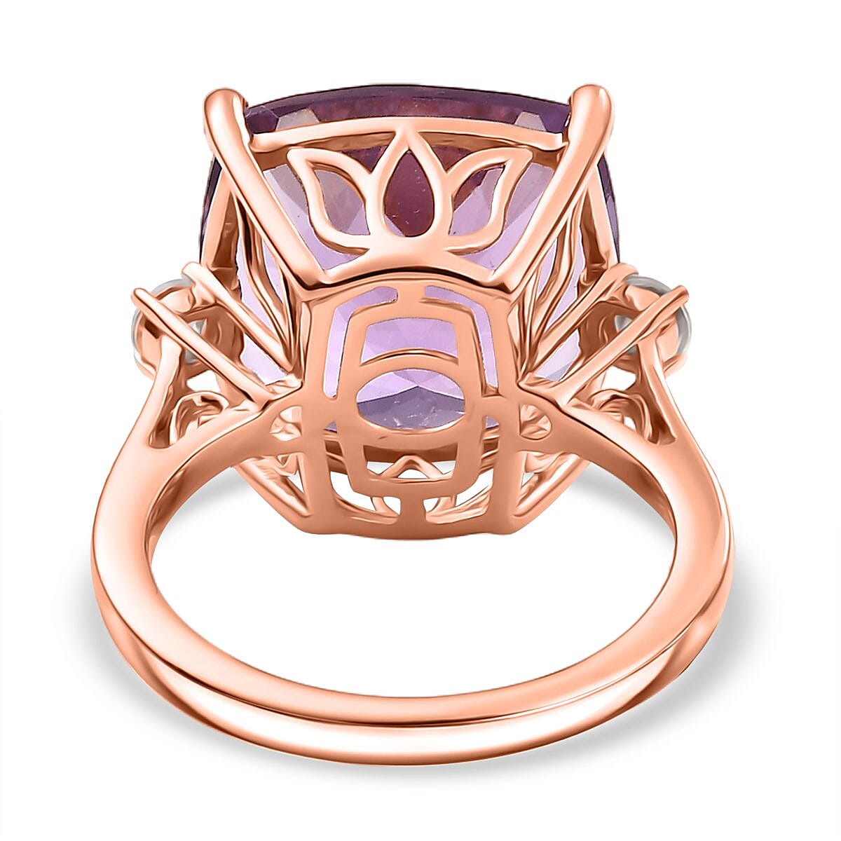 Pink Amethyst & Moissanite Solitaire Ring in 18K Vermeil Rose Gold Plated Sterling Silver 10.22 Ct. Pink Amethyst & Moissanite Solitaire Ring in 18K Vermeil Rose Gold Plated Sterling Silver 10.22 Ct.