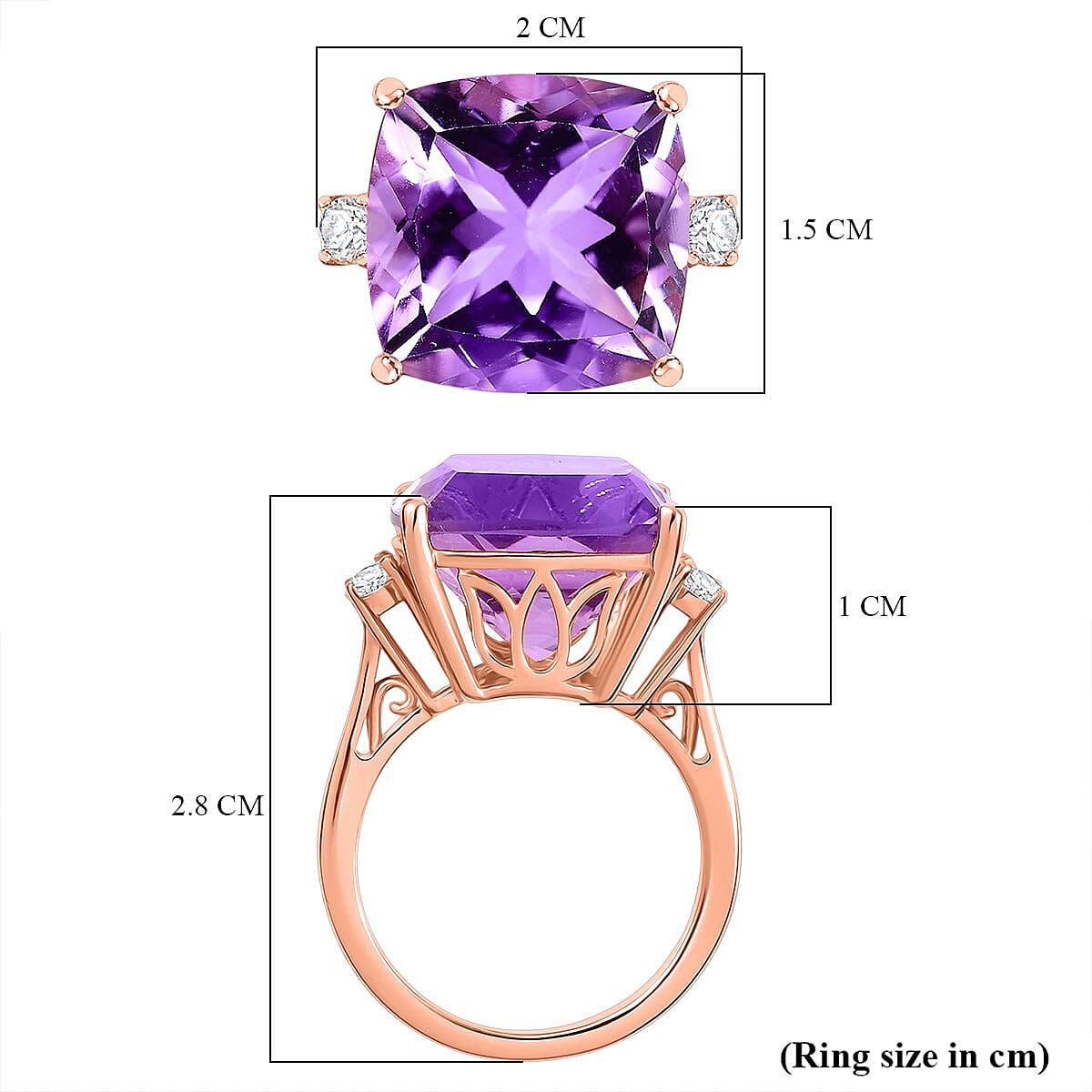 Pink Amethyst & Moissanite Solitaire Ring in 18K Vermeil Rose Gold Plated Sterling Silver 10.22 Ct. Pink Amethyst & Moissanite Solitaire Ring in 18K Vermeil Rose Gold Plated Sterling Silver 10.22 Ct.