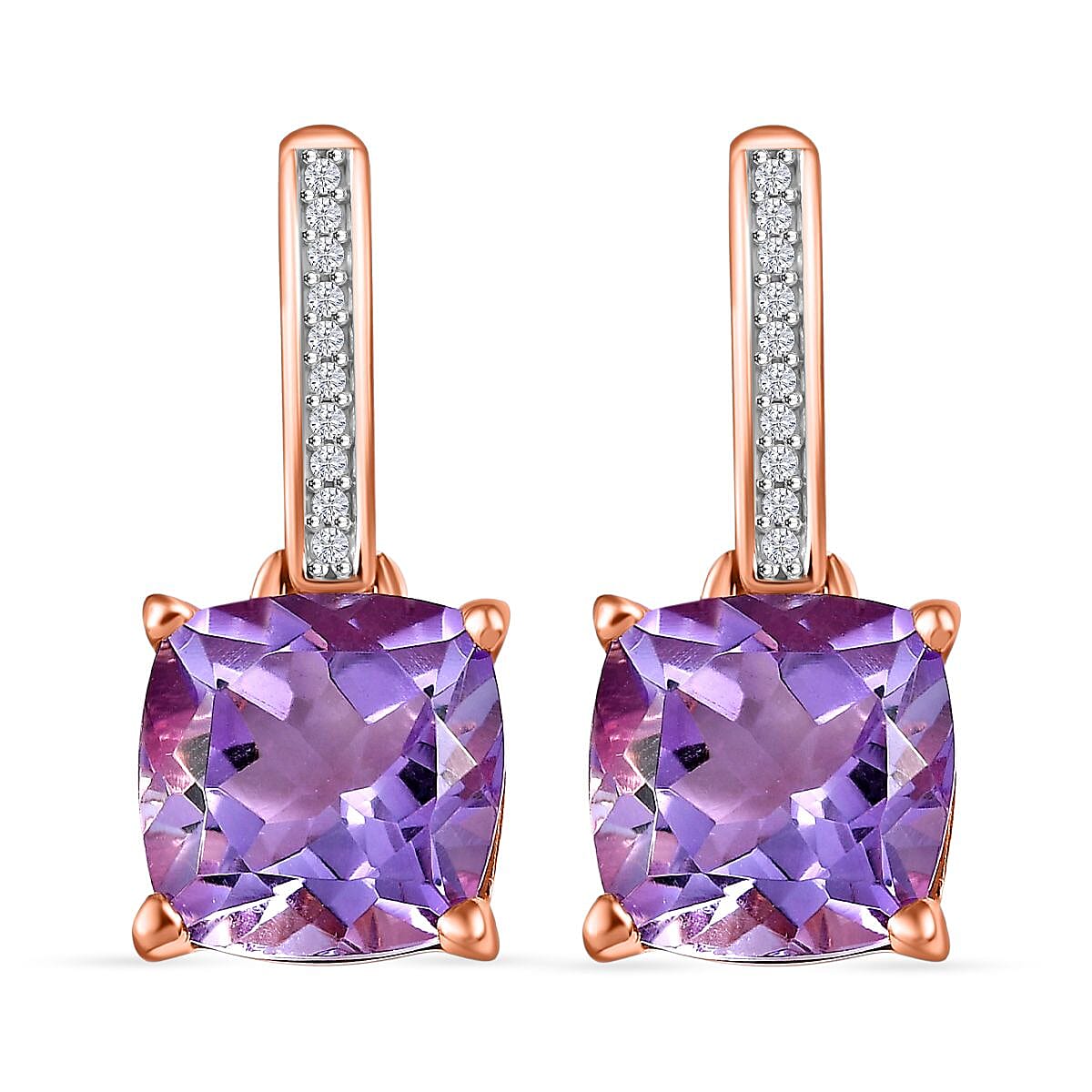 AAA Rose De France Amethyst & White Zircon Solitaire Stud Push Post Earring in 18K Vermeil Rose Gold Plated Sterling Silver 8.24 Ct.