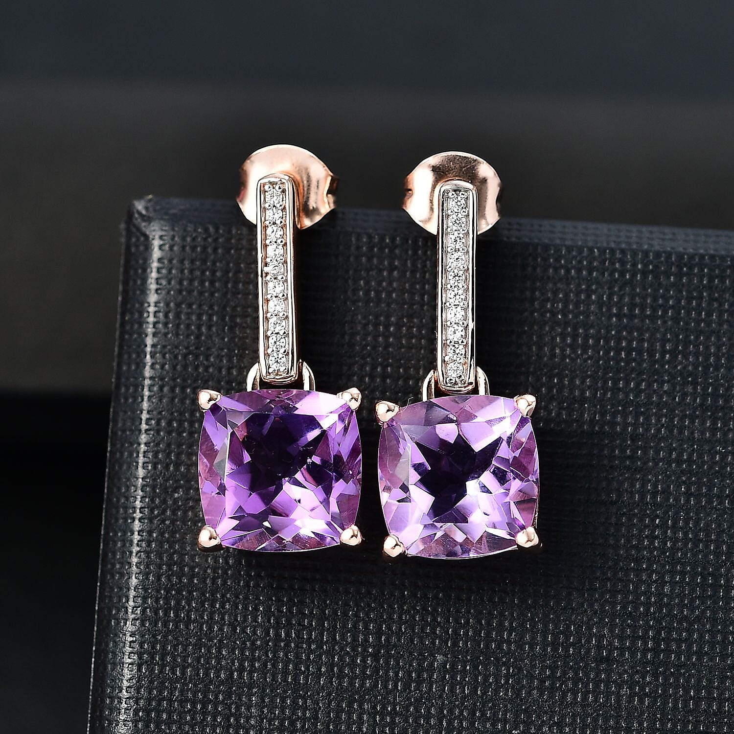 AAA Rose De France Amethyst & White Zircon Solitaire Stud Push Post Earring in 18K Vermeil Rose Gold Plated Sterling Silver 8.24 Ct.