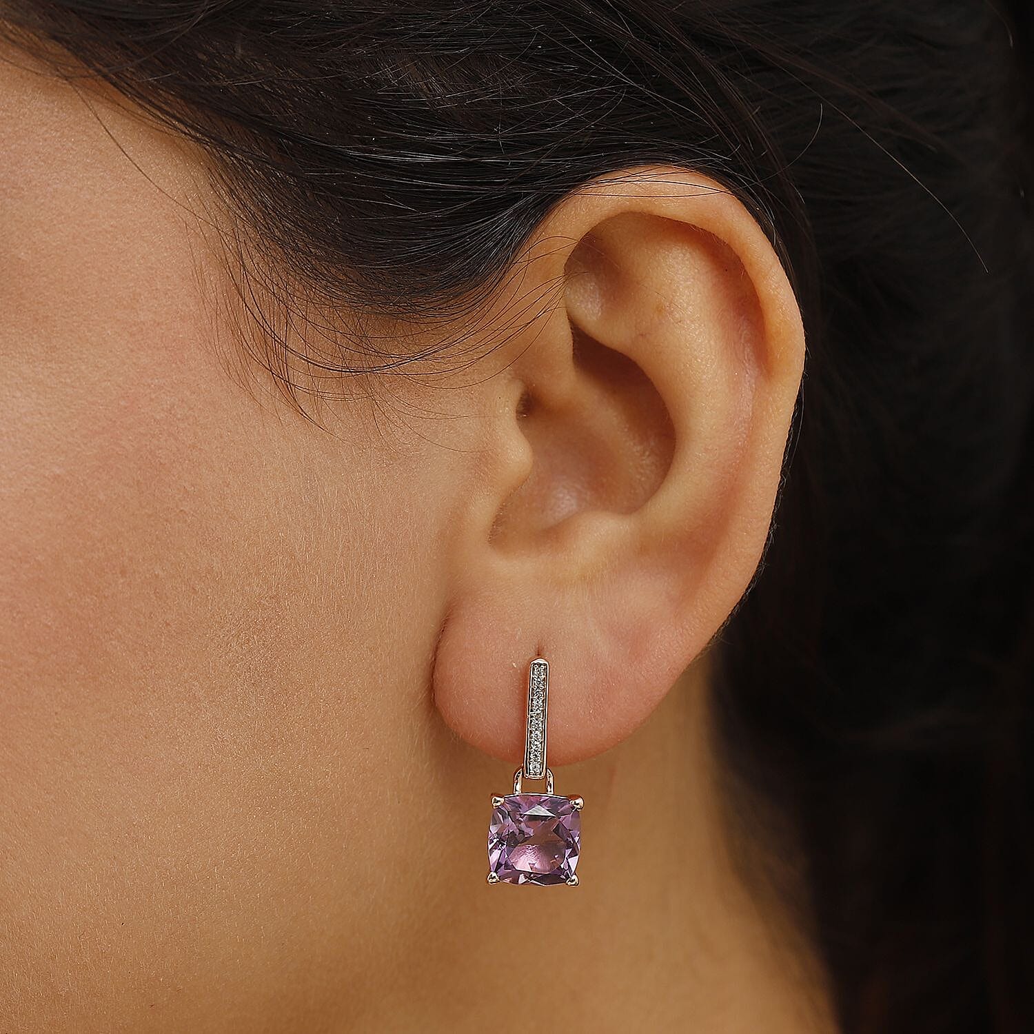 AAA Rose De France Amethyst & White Zircon Solitaire Stud Push Post Earring in 18K Vermeil Rose Gold Plated Sterling Silver 8.24 Ct.