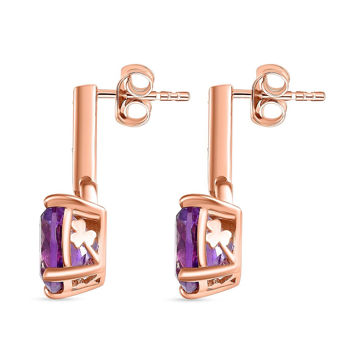 AAA Rose De France Amethyst & White Zircon Solitaire Stud Push Post Earring in 18K Vermeil Rose Gold Plated Sterling Silver 8.24 Ct.