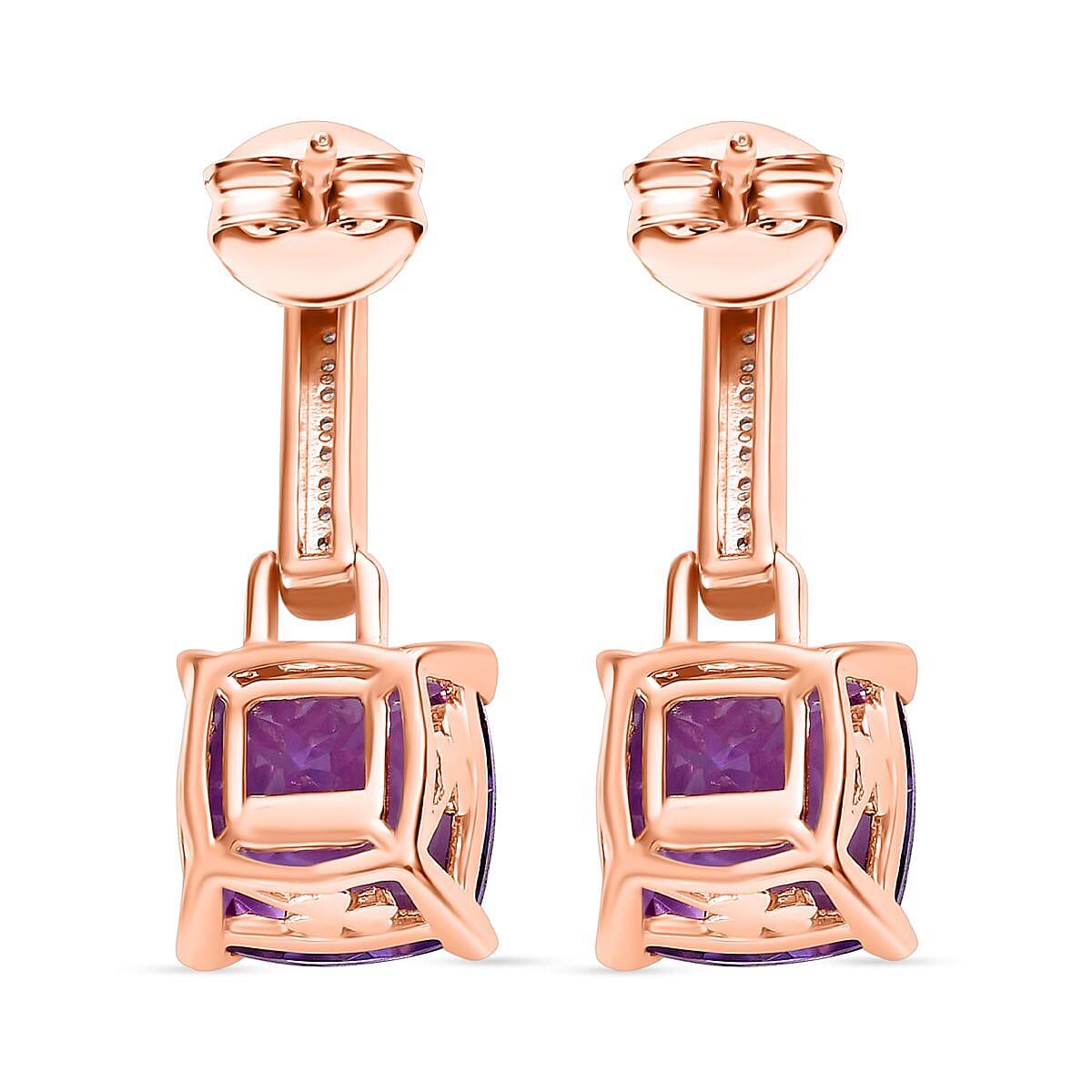 AAA Rose De France Amethyst & White Zircon Solitaire Stud Push Post Earring in 18K Vermeil Rose Gold Plated Sterling Silver 8.24 Ct.