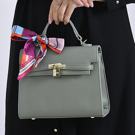 Kelly-Style Shoulder Bag with Scarf Accent & Adjustable Strap - Green