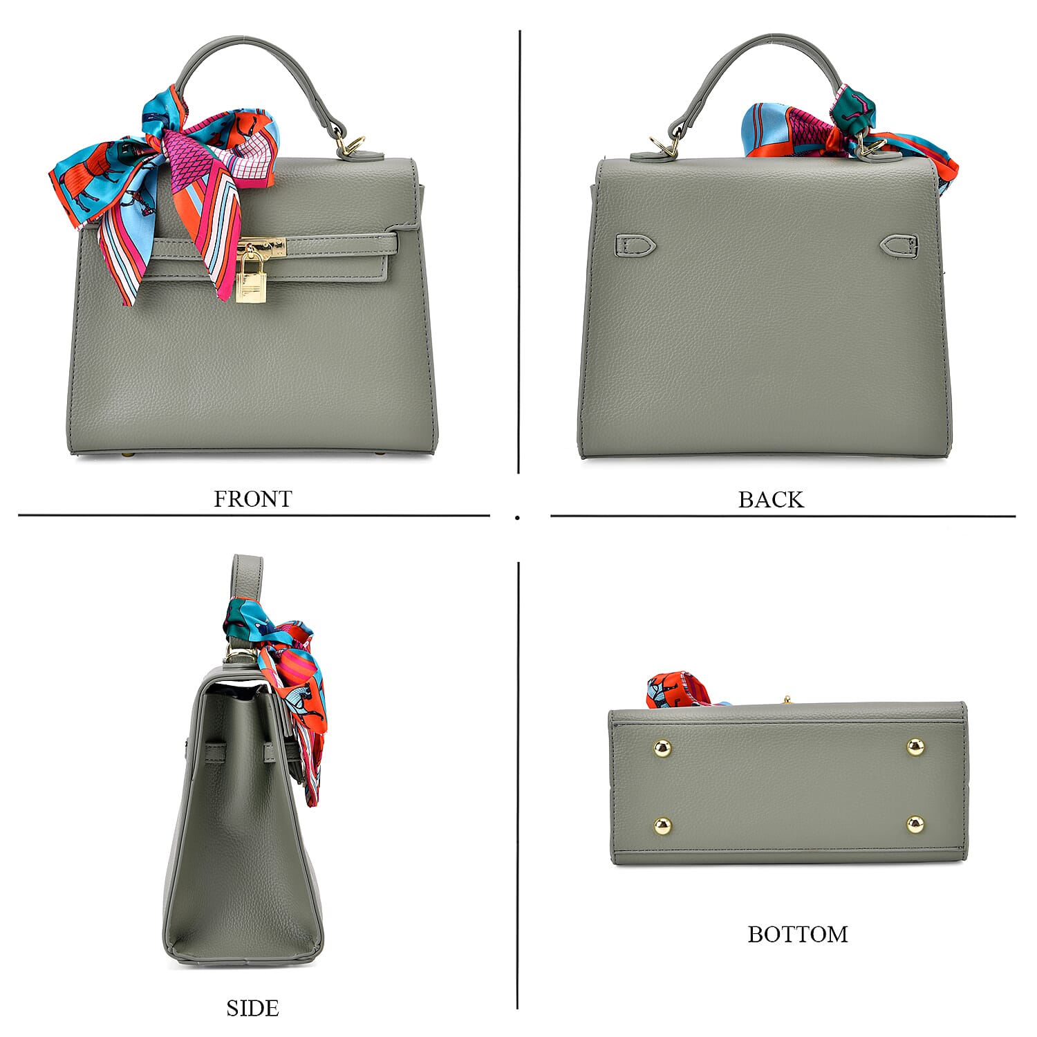 Kelly-Style Shoulder Bag with Scarf Accent & Adjustable Strap - Green