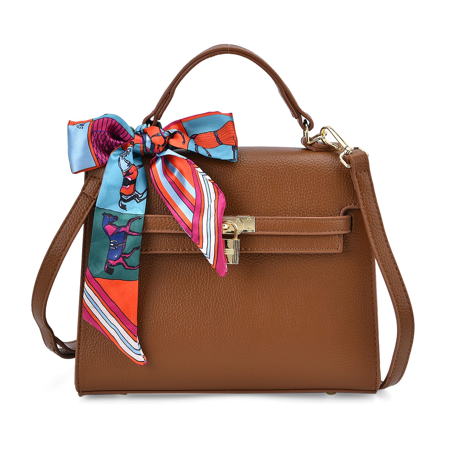 Kelly-Style Shoulder Bag with Scarf Accent & Adjustable Strap - Brown