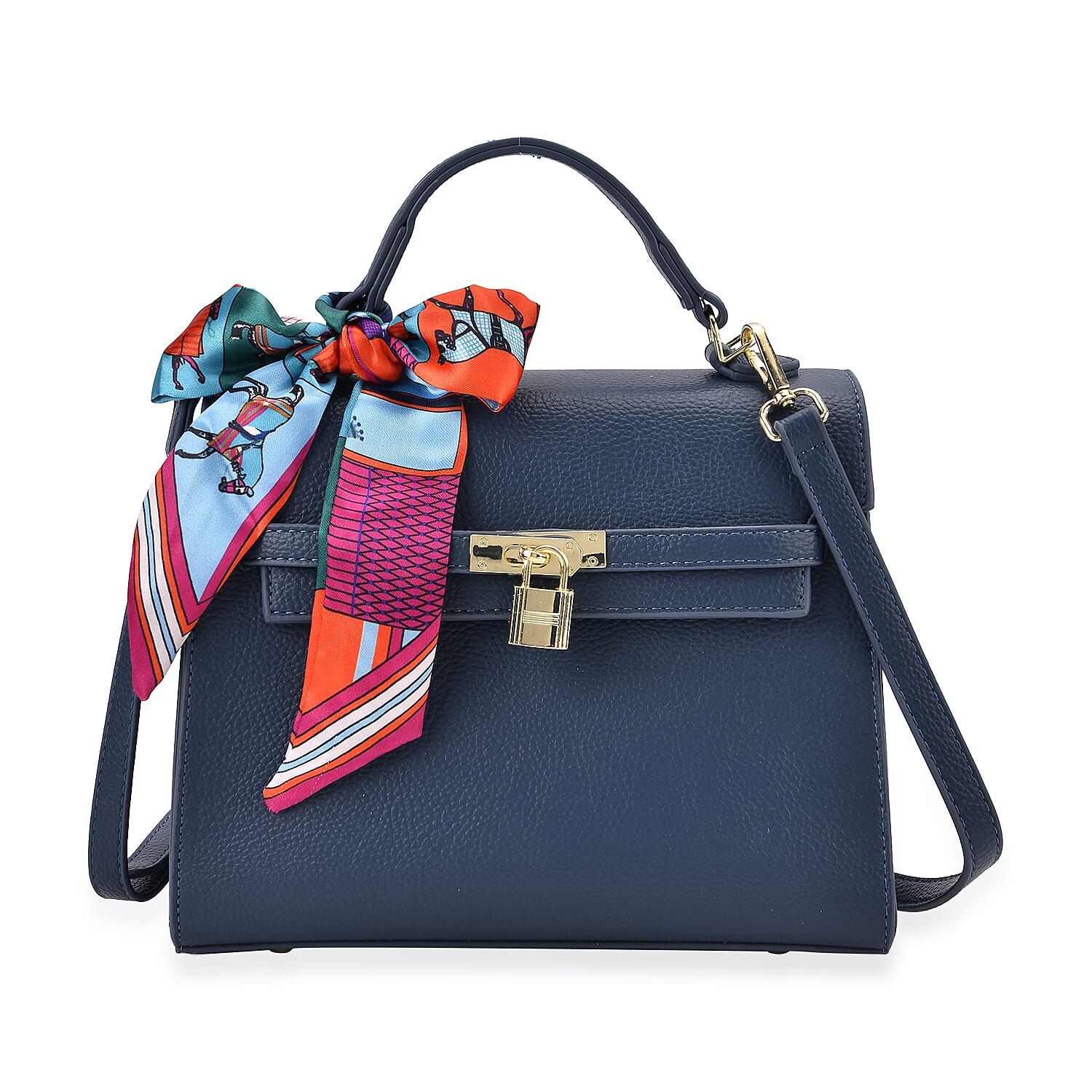 Kelly-Style Shoulder Bag with Scarf Accent & Adjustable Strap - Blue