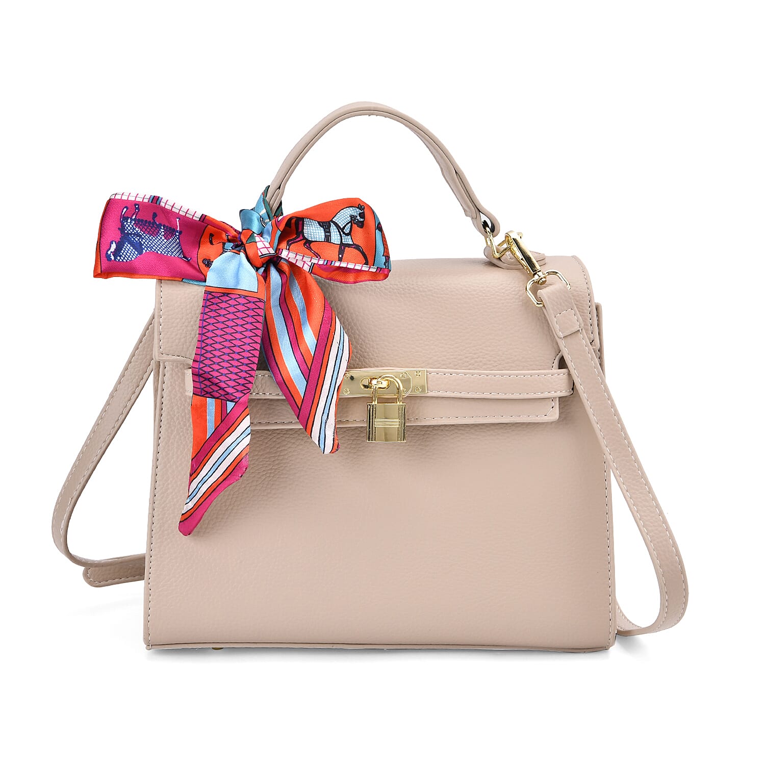 Kelly-Style Shoulder Bag with Scarf Accent & Adjustable Strap - Beige