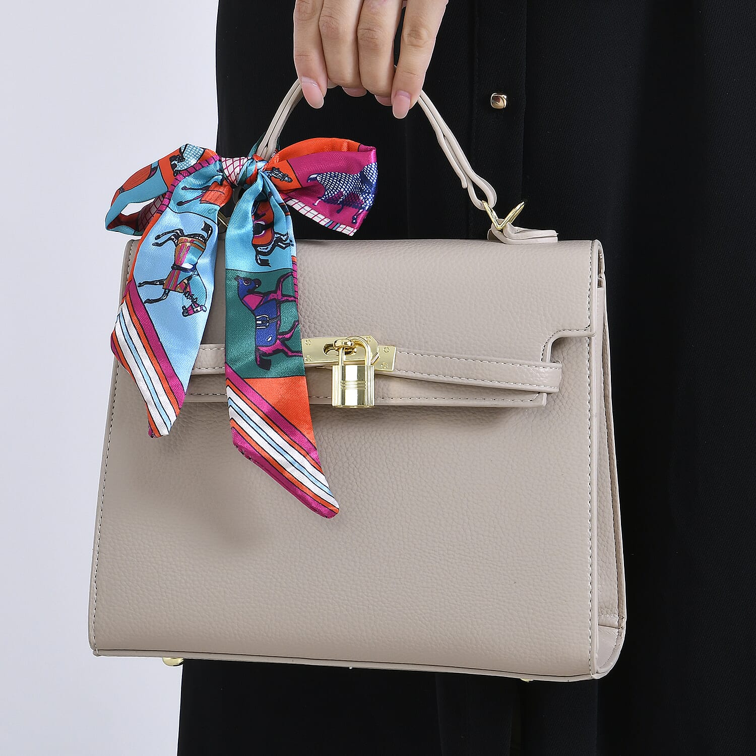 Kelly-Style Shoulder Bag with Scarf Accent & Adjustable Strap - Beige