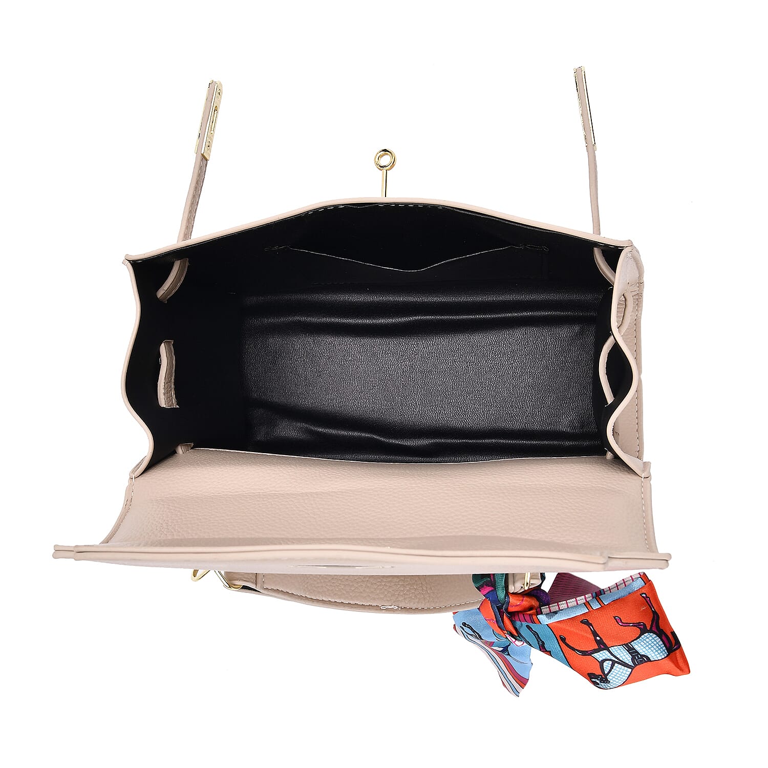 Kelly-Style Shoulder Bag with Scarf Accent & Adjustable Strap - Beige