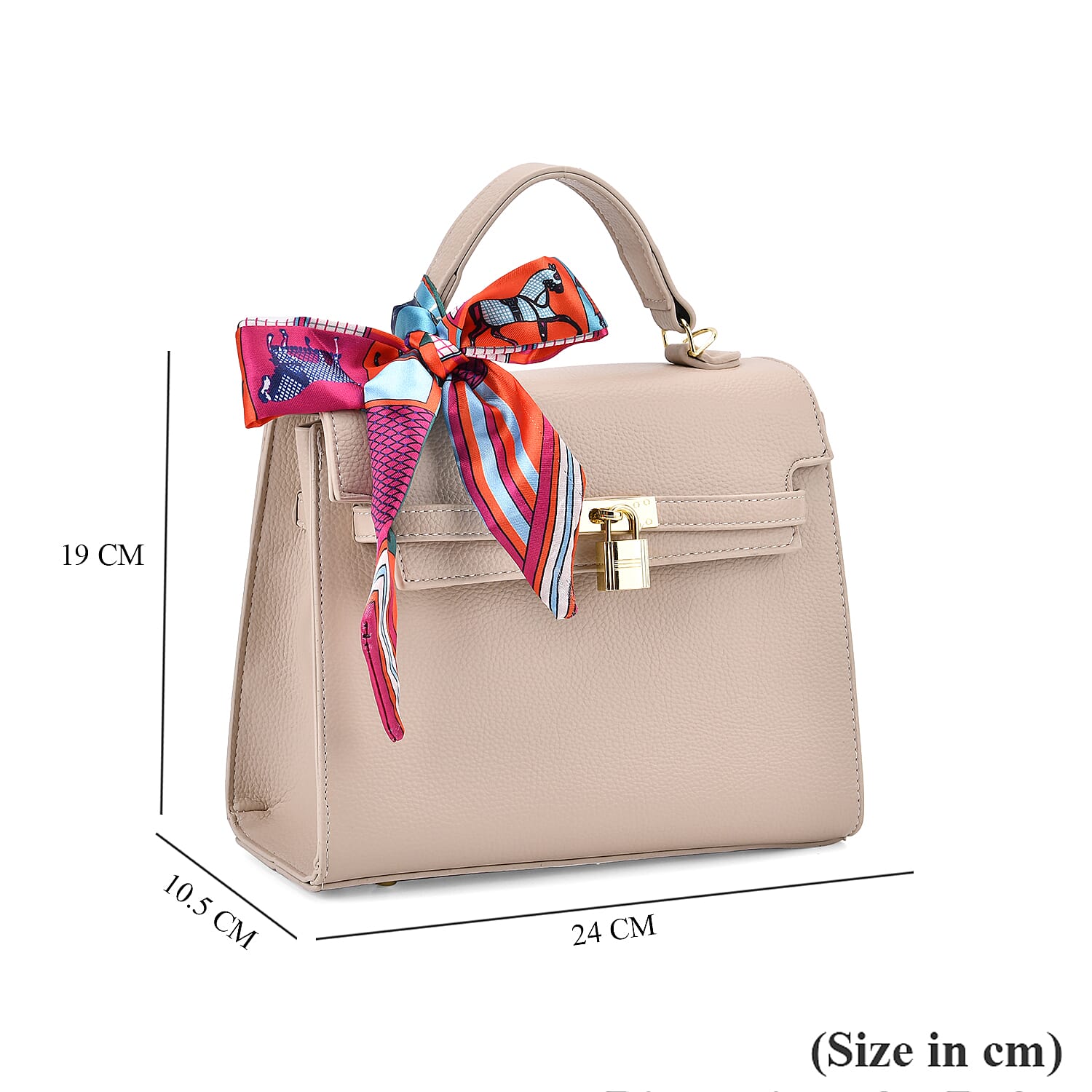 Kelly-Style Shoulder Bag with Scarf Accent & Adjustable Strap - Beige