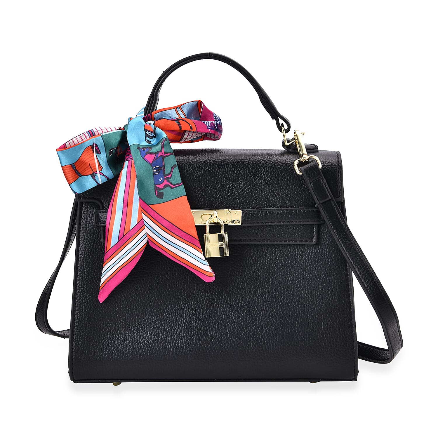 Kelly-Style Shoulder Bag with Scarf Accent & Adjustable Strap - Black