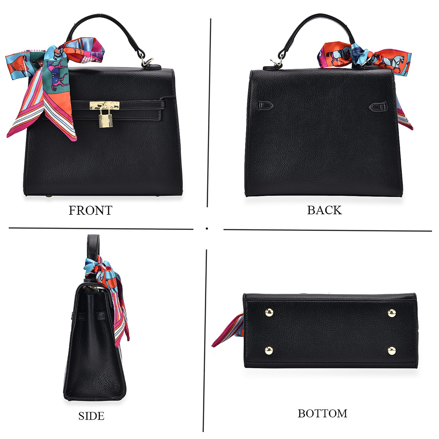 Kelly-Style Shoulder Bag with Scarf Accent & Adjustable Strap - Black