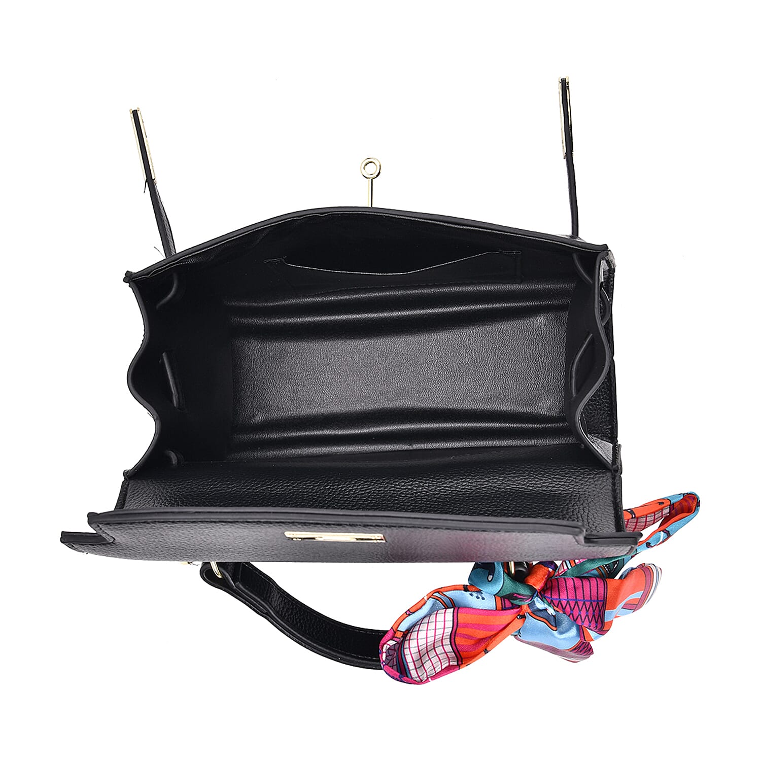 Kelly-Style Shoulder Bag with Scarf Accent & Adjustable Strap - Black