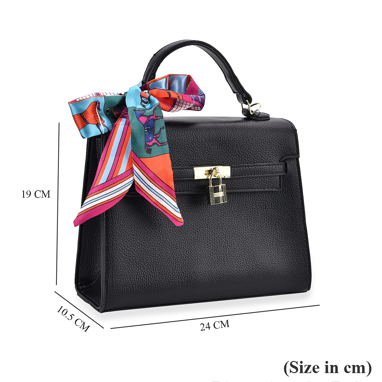 Kelly-Style Shoulder Bag with Scarf Accent & Adjustable Strap - Black