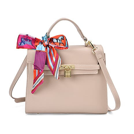 Elegant Crossbody Bag with Scarf & Adjustable Strap - Beige