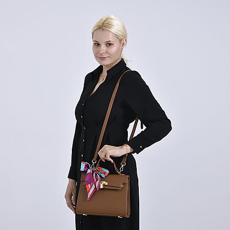 Elegant Crossbody Bag with Scarf & Adjustable Strap - Brown