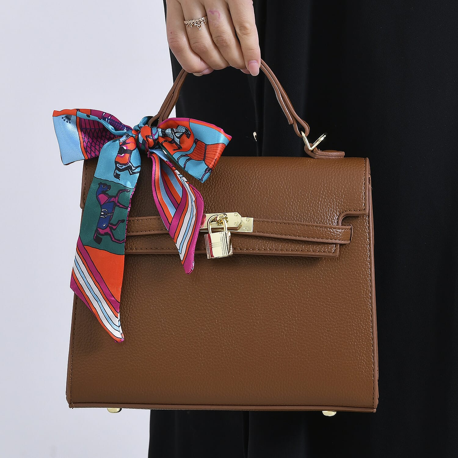 Elegant Crossbody Bag with Scarf & Adjustable Strap - Brown