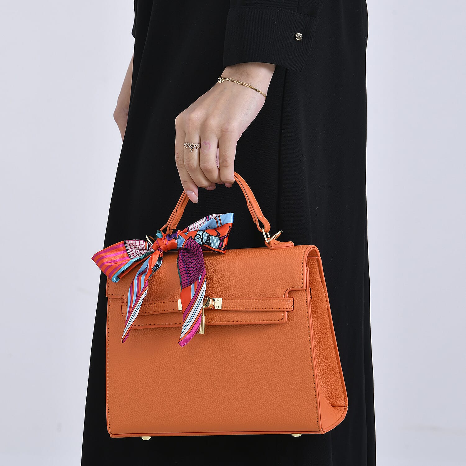 Elegant Crossbody Bag with Scarf & Adjustable Strap - Orange