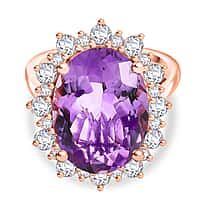Pink Amethyst and White Zircon Halo Ring in 18K Vermeil Rose Gold Plated Sterling Silver 13.20 Ct.