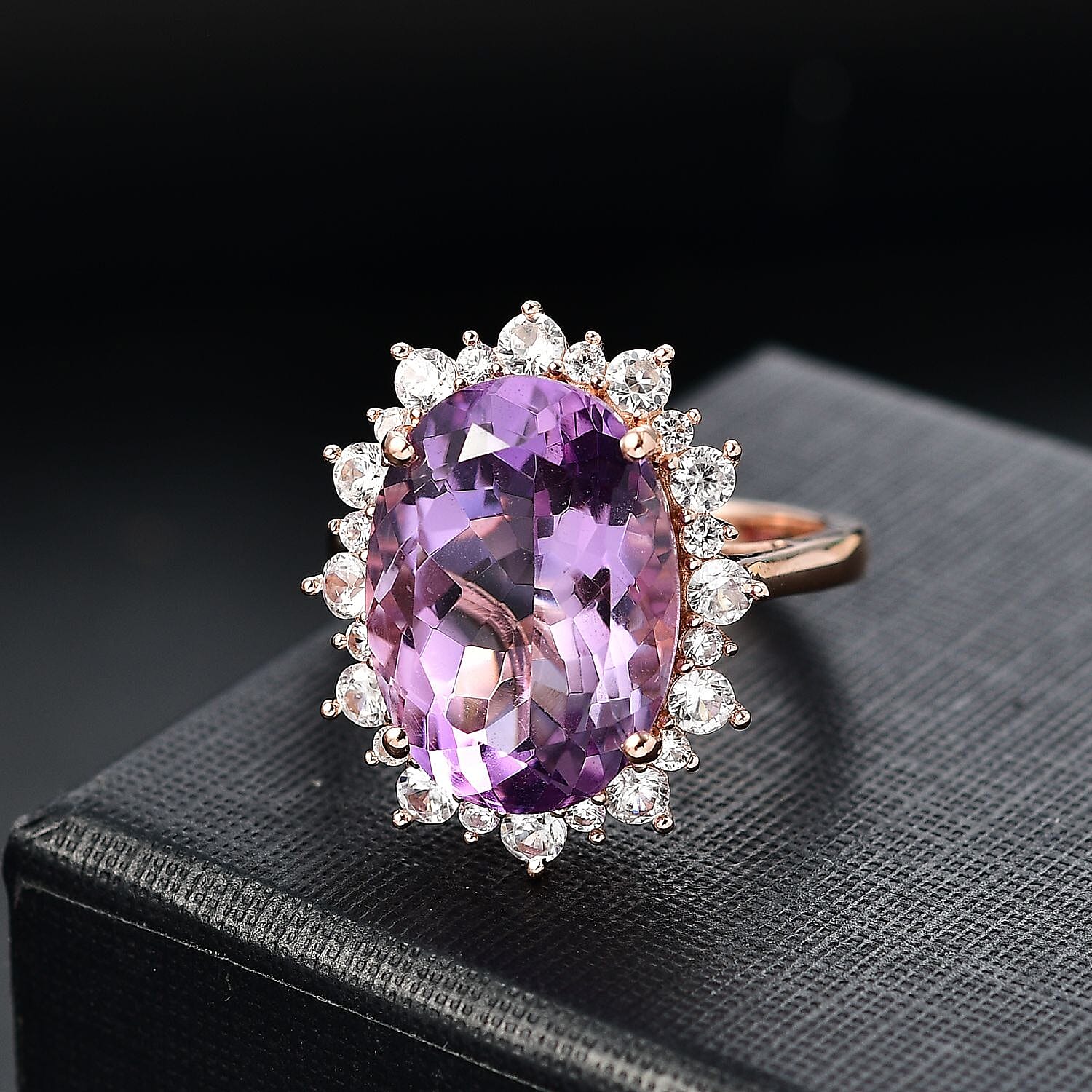 AAA Rose De France Amethyst & White Zircon Solitaire Ring in 18K Vermeil Rose Gold Plated Sterling Silver 13.20 Ct.