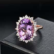 Pink Amethyst and White Zircon Halo Ring in 18K Vermeil Rose Gold Plated Sterling Silver 13.20 Ct.