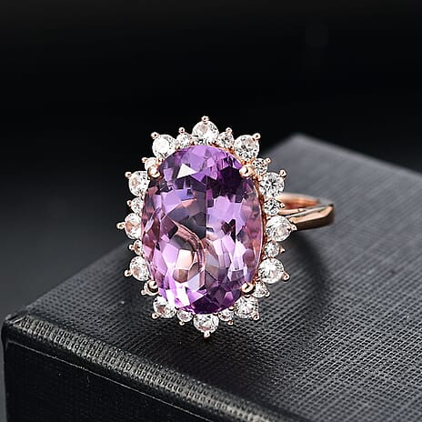AAA Rose De France Amethyst & White Zircon Solitaire Ring in 18K Vermeil Rose Gold Plated Sterling Silver 13.20 Ct.