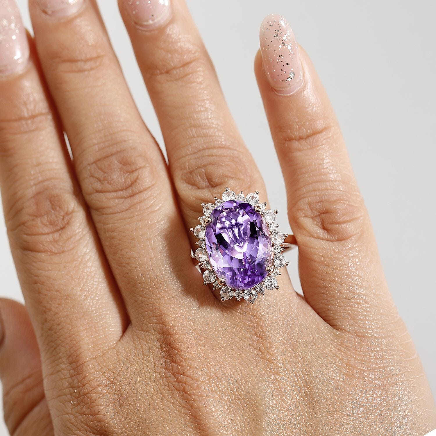 AAA Rose De France Amethyst & White Zircon Solitaire Ring in 18K Vermeil Rose Gold Plated Sterling Silver 13.20 Ct.