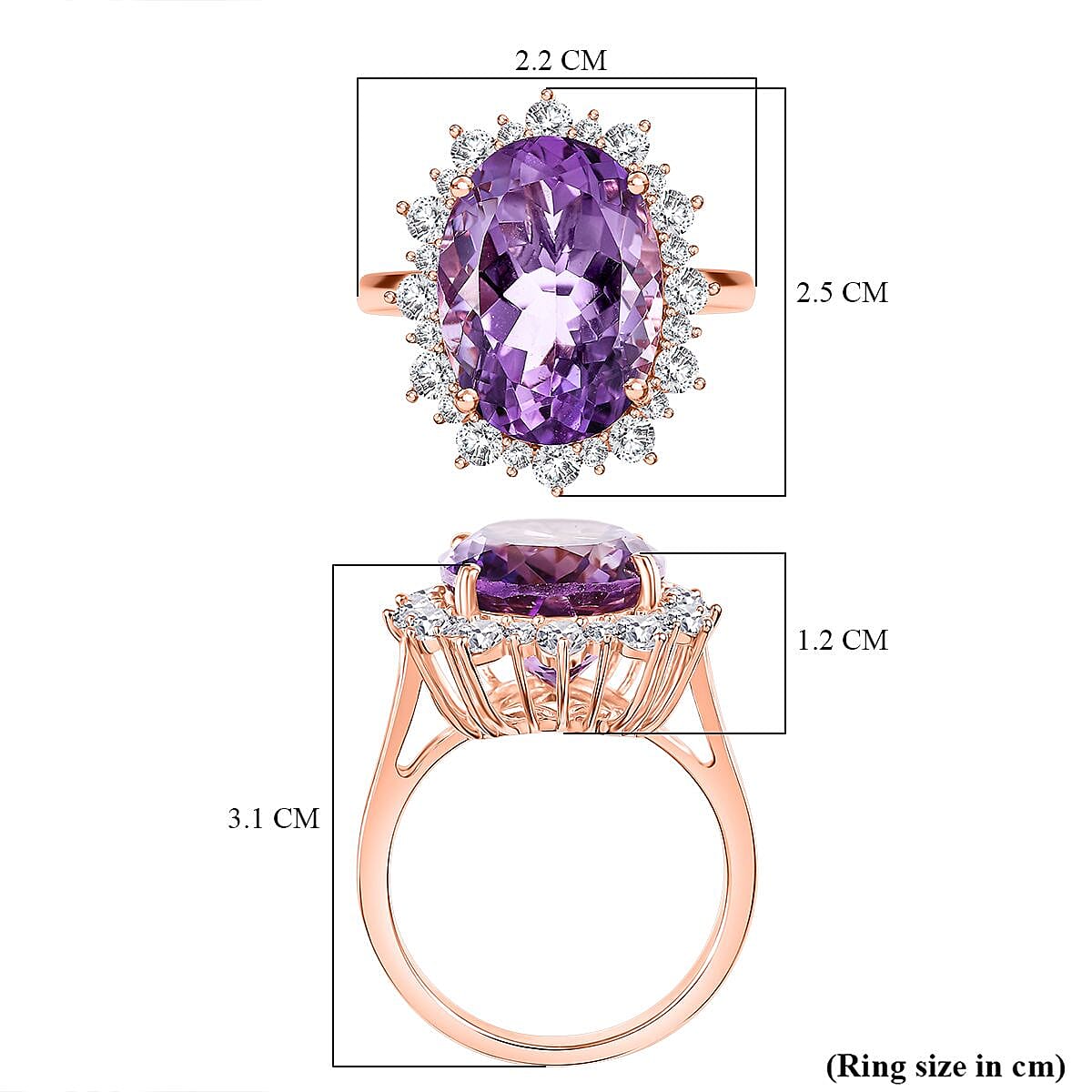 AAA Rose De France Amethyst & White Zircon Solitaire Ring in 18K Vermeil Rose Gold Plated Sterling Silver 13.20 Ct.