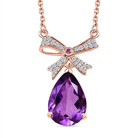 AAA Rose De France Amethyst, African Ruby & White Zircon Necklace (Size - 20) in 18K Vermeil Rose Gold Plated Sterling Silver 4.88 Ct.
