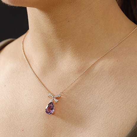 AAA Rose De France Amethyst, African Ruby & White Zircon Necklace (Size - 20) in 18K Vermeil Rose Gold Plated Sterling Silver 4.88 Ct.