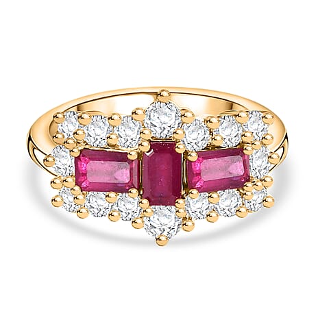 African Ruby & Moissanite Boat Ring in 18K Vermeil Yellow Gold Plated Sterling Silver 1.69 Ct.