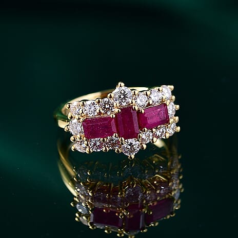 African Ruby & Moissanite Boat Ring in 18K Vermeil Yellow Gold Plated Sterling Silver 1.69 Ct.