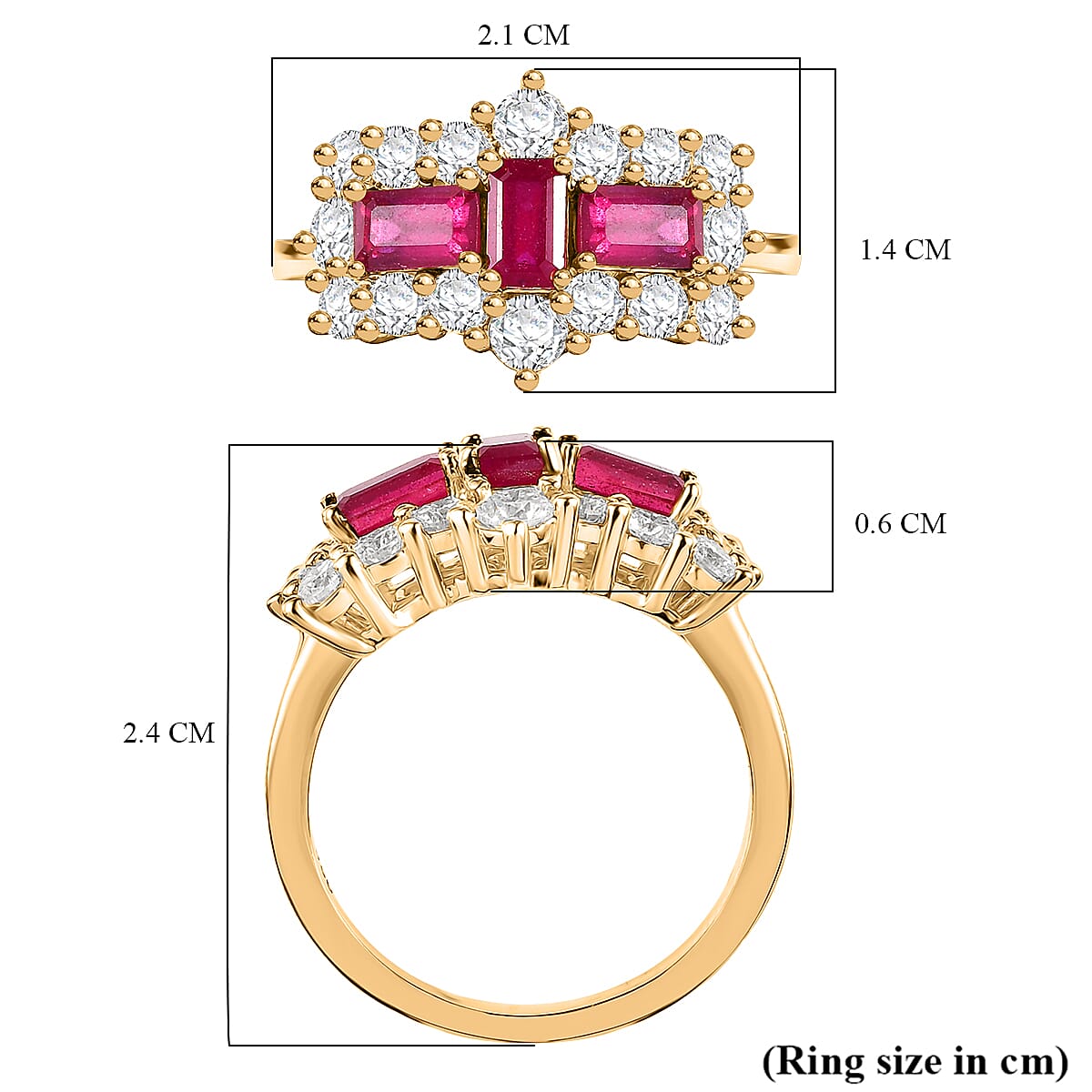 African Ruby & Moissanite Boat Ring in 18K Vermeil Yellow Gold Plated Sterling Silver 1.69 Ct. African Ruby & Moissanite Boat Ring in 18K Vermeil Yellow Gold Plated Sterling Silver 1.69 Ct.