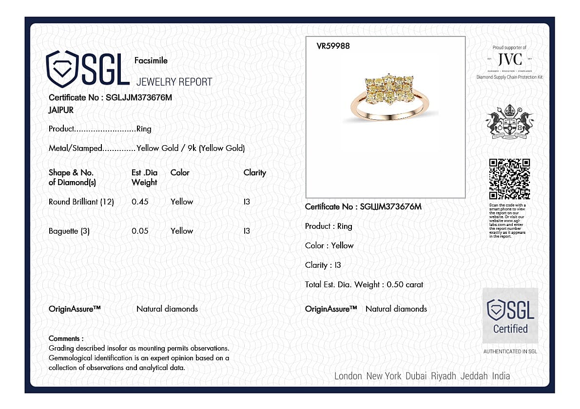 The Best of Argyle - 9K Yellow Gold SGL Certified Natural Yellow Diamond Boat Ring 0.50 Ct.